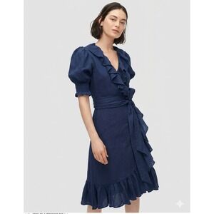 J.Crew Navy Blue Ruffle Cotton Gauze Wrap Midi Dress Small Puff Sleeve Lined